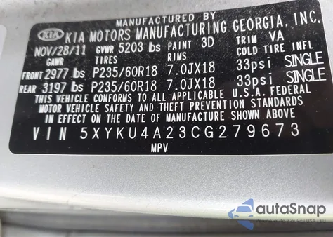 2012 Kia Sorento Ex V6 z USA, uszkodzony, nr VIN 5XYKU4A23CG279673